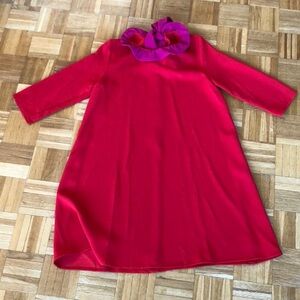 Red swing style dress with pink ruched collar. Long sleeve. Worn once. Size M